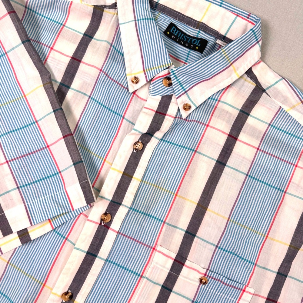 Vintage Bristol Blues Mens 2XL‎ Short Sleeve Button Down Shirt Plaid Blue White